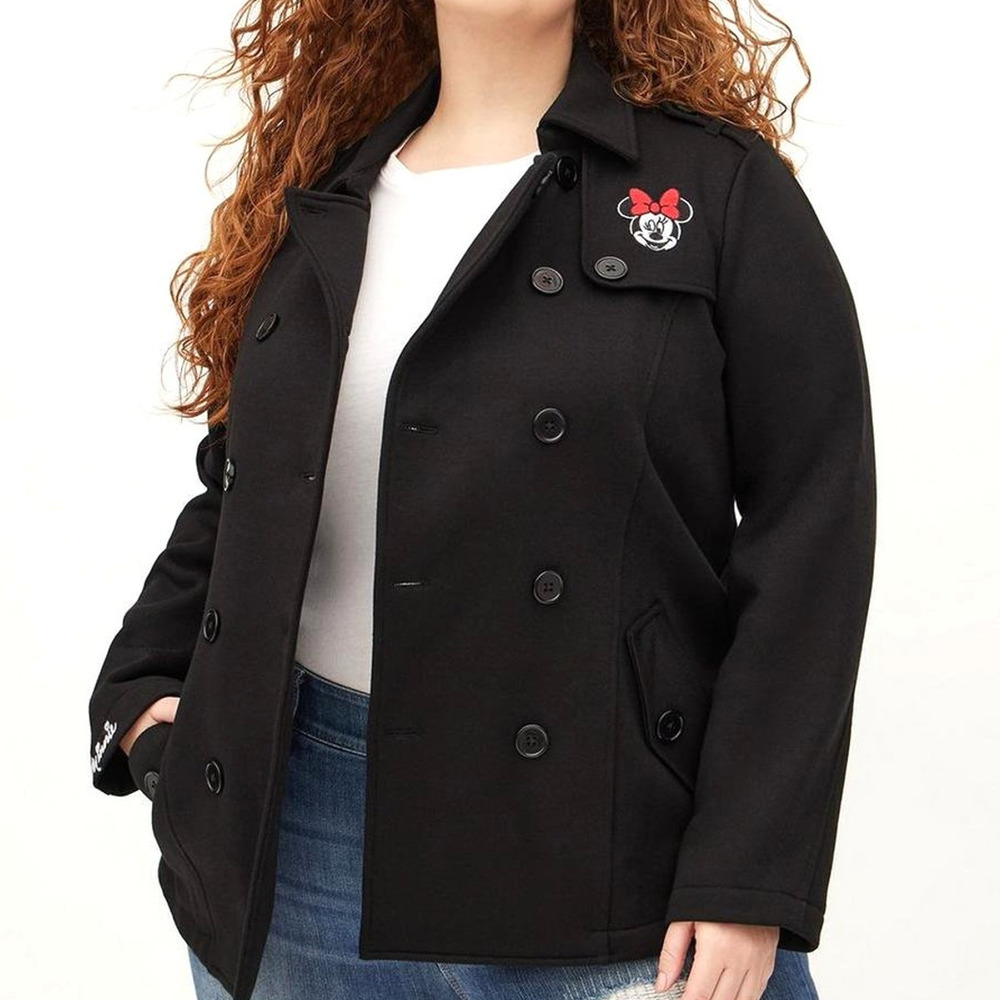Torrid 4 (4X 26) New‎ Minnie Mouse Embroidered Black Fleece Knit Peacoat Coat - Picture 3 of 4